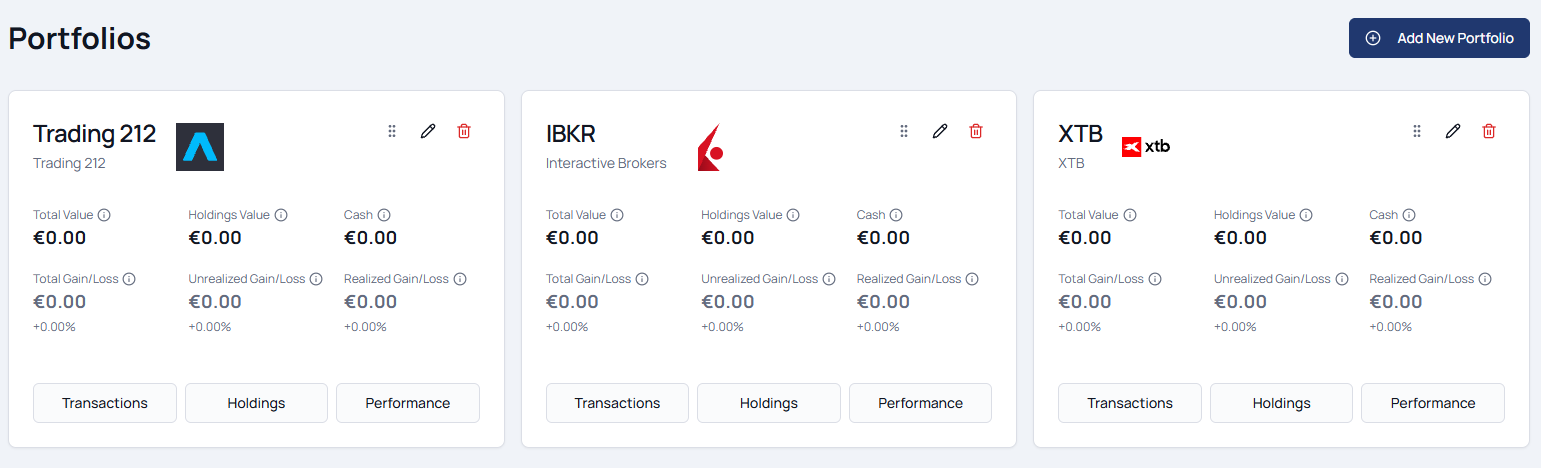 The Portfolios page showing three created portfolios, one per broker