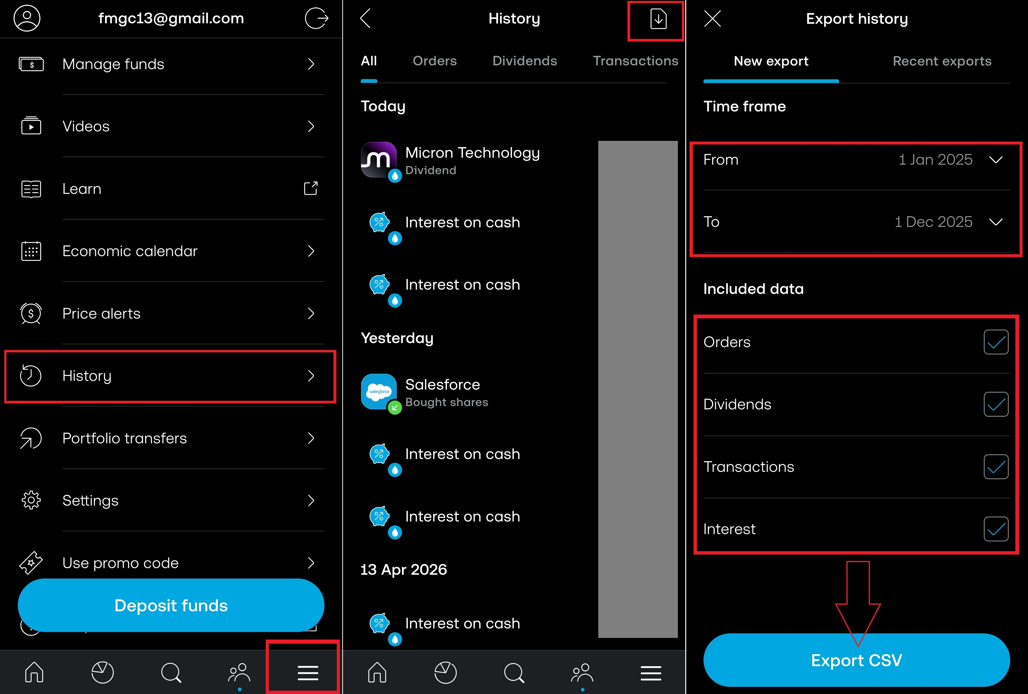 Exporting a transaction history CSV from the Trading 212 app